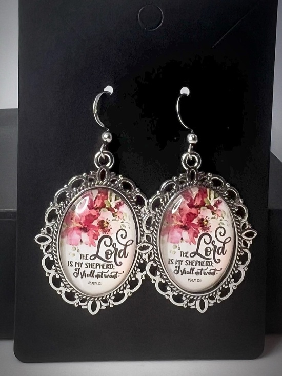 Beyond Grateful Jewelry - The Lord is My Shepherd Floral Scripture Oval Drop Earrings in Pink and Silver